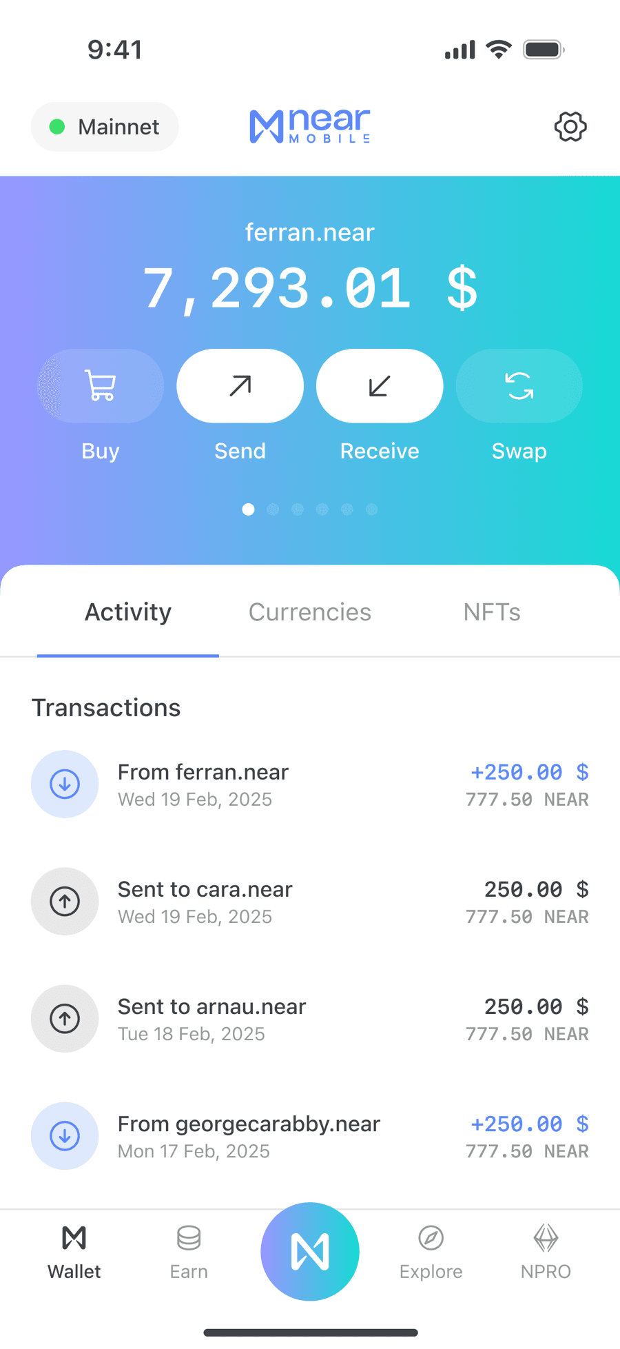 NEAR Mobile wallet home screen