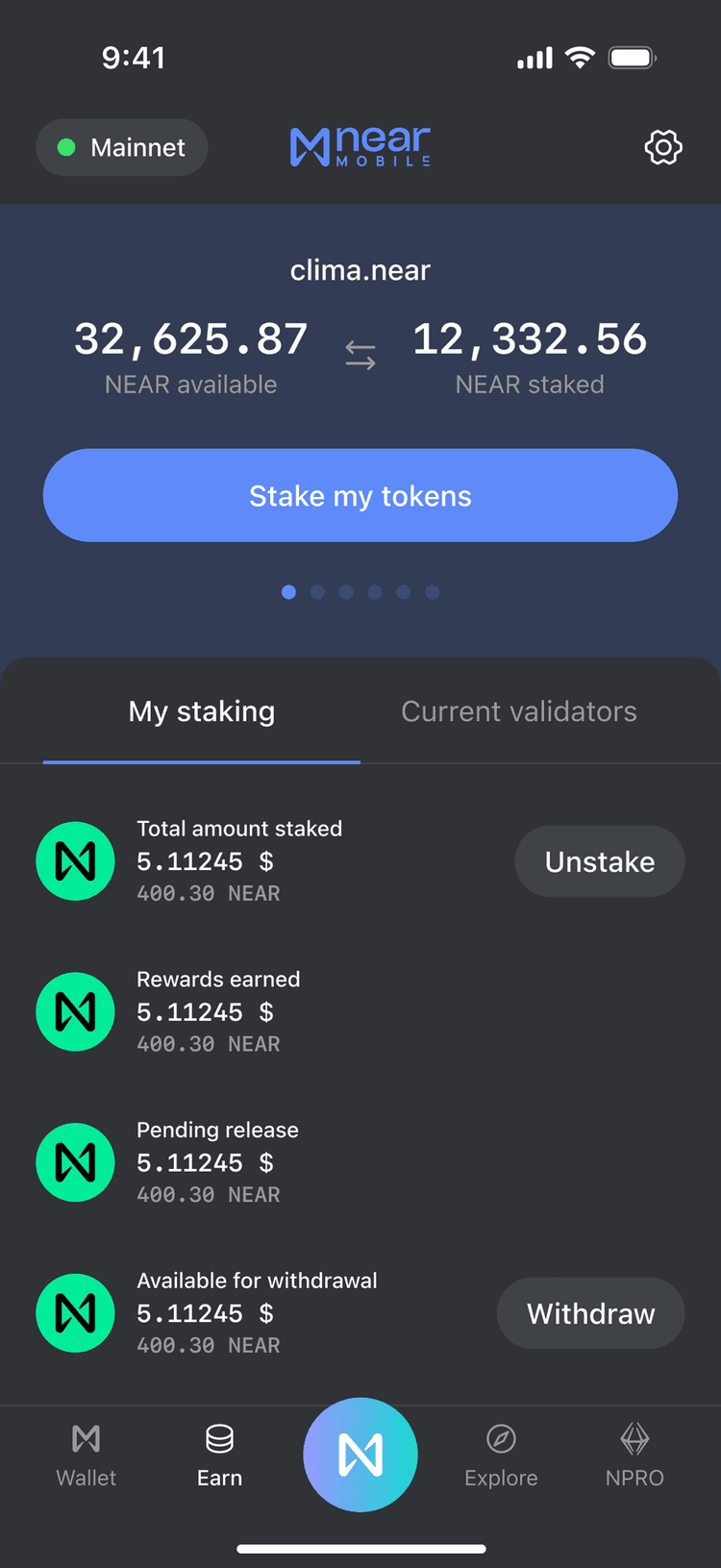 NEAR Mobile staking screen