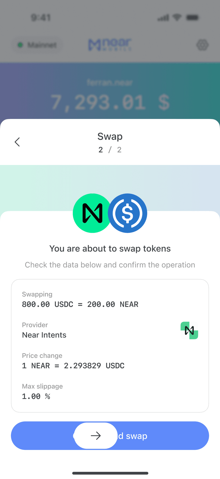 NEAR Mobile swap screen for a NEAR Intents cross-chain swap